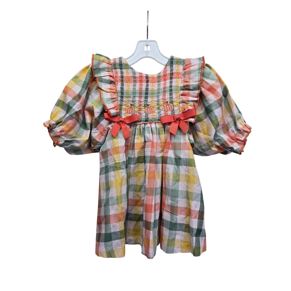 Iris & Ivy Baby Girls Plaid Smocked Pumpkin Dress Orange Green 12M Fall Holiday